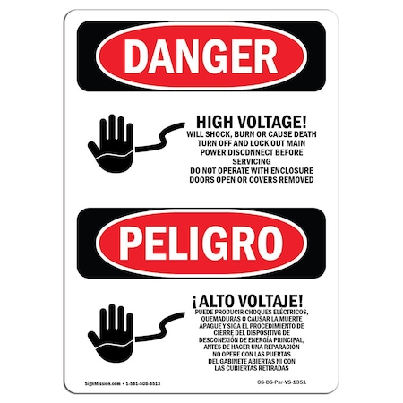 Signmission Safety Sign, OSHA Danger, 5" Height, High Voltage Will Shock Death Spanish, 10PK OS-DS-D-35-VS-1351-10PK